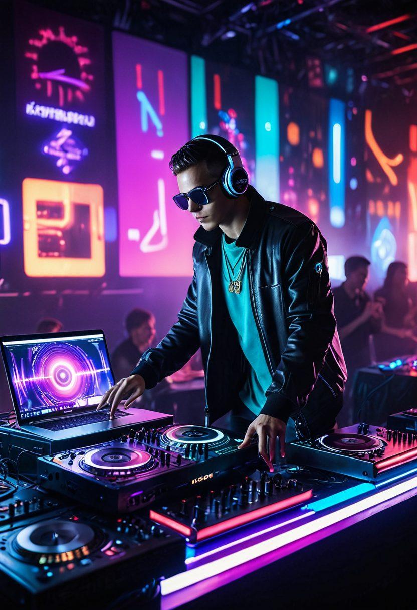A dynamic DJ booth illuminated by colorful LED lights, showcasing a DJ immersed in mixing software on a laptop, vinyl records scattered around, sound waves visually emanating from the speakers. In the background, an energetic crowd dancing, capturing the groove of live mixing. vibrant colors. cyberpunk.