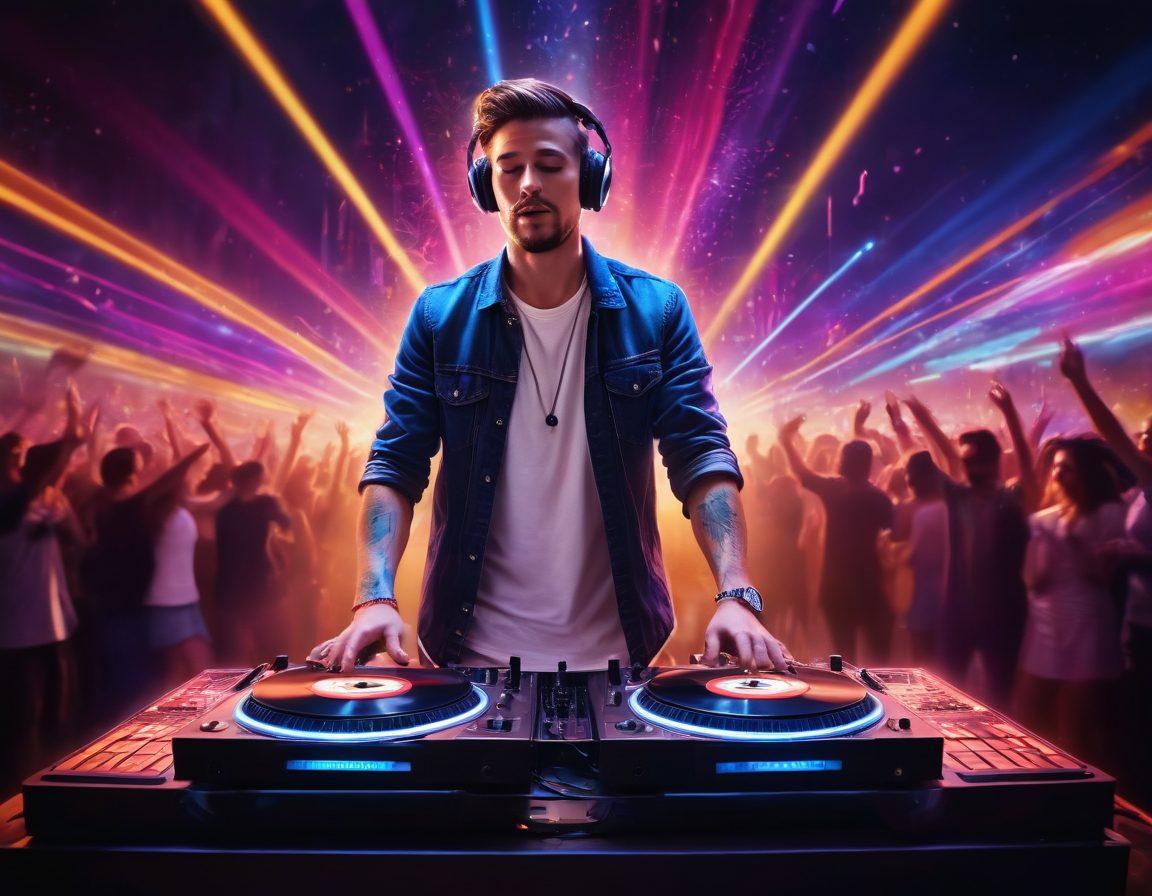 A dynamic DJ surrounded by colorful turntables and vibrant lights, mixing music for an energetic crowd dancing wildly. The scene captures the electrifying atmosphere with sound waves visually radiating from the DJ, showcasing the connection between performer and audience. Add elements of excitement and rhythm with musical notes in the air. super-realistic. vibrant colors. high contrast.