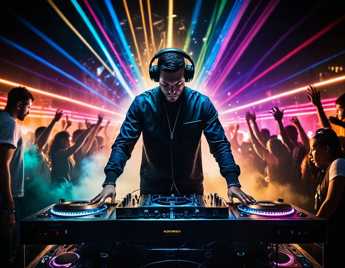 A dynamic DJ booth featuring a passionate DJ mixing vibrant colors on turntables surrounded by lively crowd silhouettes. The scene should capture the energy of a music festival with colorful lights, vinyl records, and sound waves emanating from the speakers. Add elements representing musical notes and mixing tools in a creative manner. super-realistic. vibrant colors. high energy.
